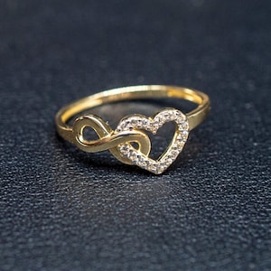 10k Real Solid Yellow Gold Infinity Heart Ring, 10k Solid Gold Women ...