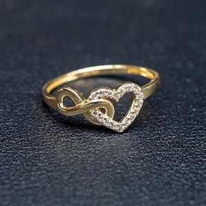 10k Real Solid Yellow Gold Infinity Heart Ring, 10k Solid Gold Women Heart Ring, Infinity Symbol Gemstone Gold Ring, Valentine&#39;s day