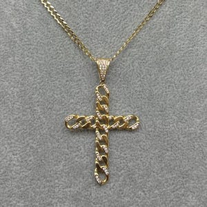 Collier à breloques croix en or véritable 14 carats, avec chaîne gourmette cubaine SOLIDE de 3 mm, breloques en or 14 carats, pendentif croix en or massif 14 carats