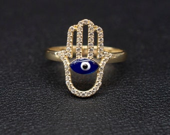 14k Real Solid Yellow Gold Hamsa Hand Evil Eye  Ring, 14k Solid Gold Women Dainty Ring, Evil Eye Gold Ring for Women, Hamsa Hand Gold Ring