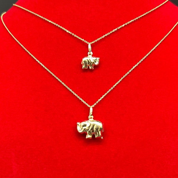 Collier à pendentif éléphant en or véritable 14 carats, avec chaîne forçat en or massif 14 carats de 1 mm, breloque éléphant en or, pendentif éléphant, pendentif éléphant en or