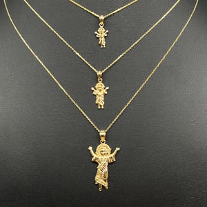 14 kt echt massief gouden divino-nino-hangerketting, 14 kt echt goud baby Jezus religieuze charme, 14 kt echt gouden kabelketting 1 mm 1 mm