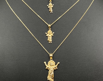 14k Real Solid Gold Divino Nino Pendants Necklace, 14K Real Gold Baby Jesus Religious Charm, 14K 1 mm Real Gold Cable Chain Necklace