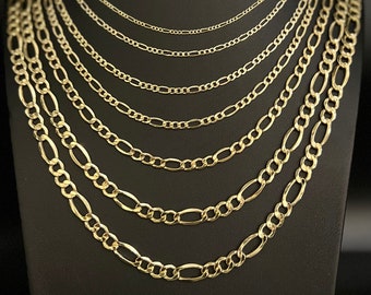 Collar de cadena Figaro de oro amarillo de 14K, 2 mm - 7,5 mm 16" - 28" pulgadas, cadena de eslabón grueso de 14k, cadena de oro real de 14k, cadena Figaro de oro, hombres mujeres