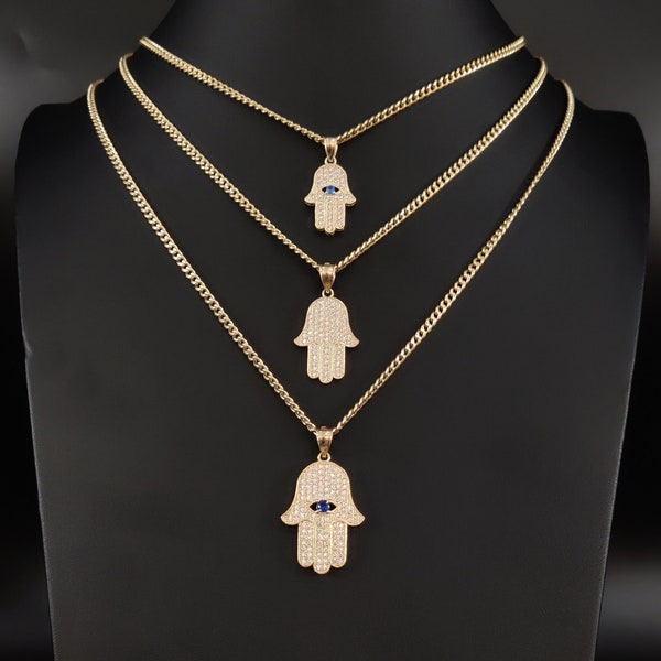 10k Real Gold Pendants Necklace, with 3mm Miami Cuban Chain Necklace , Hamsa Hand charm,Fatima hand pendant, Heart pendant, Gift