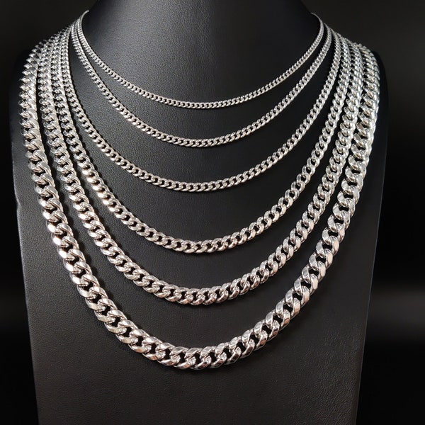 10k Real White Gold Miami Cuban Link Chain Necklace,3mm-9.4mm 10K White Gold, Man Gold Chain,Ladies Gold Chain, White Miami Cuban