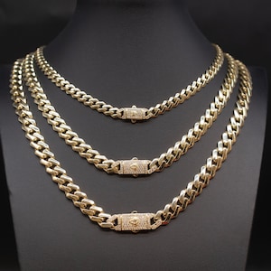 14k Real Gold Miami Cuban Link Chain with Zirconia Box Lock Necklace and Bracelet , 7 mm and 9.2mm Real 14K Yellow Gold, 14k Gold Chain