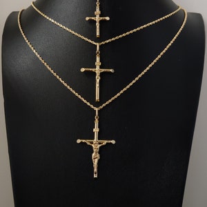 10k Real Solid Gold Jesus Crucifix Pendants Necklace, wit 1.7mm Solid Rope Chain Necklace , Cross, Gold Inri Cross, Gift
