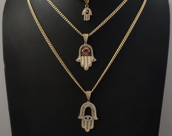 14k Real Gold Pendants Necklace, with 14K 3mm Miami Cuban Chain Necklace , Hamsa Hand charm,Fatima hand pendant, Evil Eyes, 14k Gold Charm