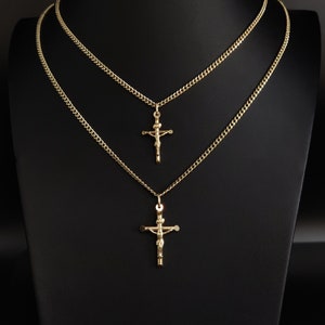 14k Real Gold Jesus Crucifix Pendants Necklace, with 3mm Miami Cuban Chain Necklace , Cross, Gold Inri Cross, Gift