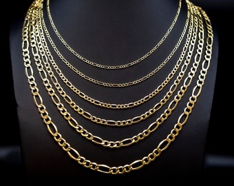 Collar de cadena Figaro de oro amarillo de 10 quilates, 2 mm - 6,6 mm 16 "- 28" pulgadas, cadena de eslabones gruesos de 10 k, cadena de oro real de 10 k, cadena Figaro de oro, hombres y mujeres