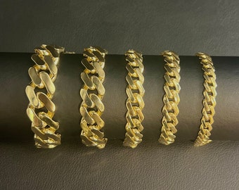 14k Yellow Gold Miami Cuban Chain Bracelet Zirconia Box Lock, 7mm - 15mm Real 14K Yellow Gold,,14k Gold Bracelet, 14k gold Miami cuban
