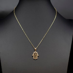 14k Real Gold Hamsa Hand Necklace,14K Real SOLID Gold Fatima Hand Charm, 14k Real Gold 1.3mm Cable  Chain Necklace, Gold Hamsa Hand Pendant
