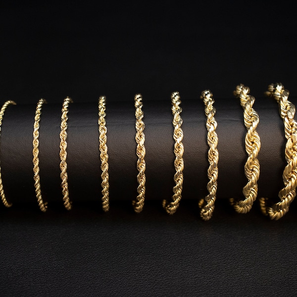 Cadena de cuerda de oro de 10K Pulsera de cadena de cuerda de oro 3mm, 3.6mm, 4mm, 4.5mm, 5mm, 6mm Cadena de cuerda de oro de 10K, Cadena de oro de 10K, Hombres, Mujeres