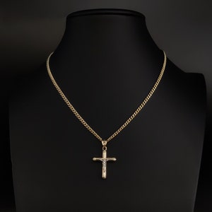 Collana con ciondolo a forma di crocifisso di Gesù in oro massiccio 14k, con catena cubana Miami da 3 mm, ciondolo a croce, croce Inri in oro, regalo