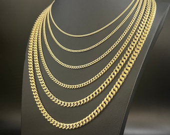 Collar de cadena de eslabones cubanos de Miami de oro real de 14 k 2 mm - 6,8 mm pulgadas de oro amarillo real de 14 k, cadena de oro para hombre, cadena de oro para damas, cadena de oro de 14 k