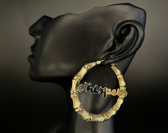 14k Real Solid Gold Custom Round Bamboo Hoop Earrings,name Bamboo