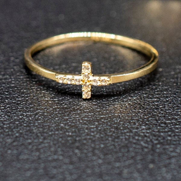 10k Real Solid Yellow Gold Cross Ring, 10k Solid Gold Women Ring, Cross Gemstone Gold Ring for Women, Gift, Gold Ring, Minimalist ring