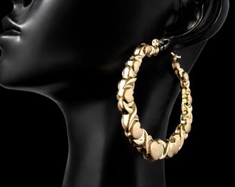 10k Real Solid Yellow Gold Textured Heart Hoop Earrings,High Quality,25mm-82mm Gold Hoop Earrings,Women Earrings