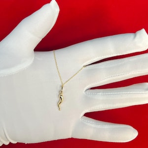 May include: A gold necklace with a small, detailed, gold horn pendant. The necklace is on a white surface.