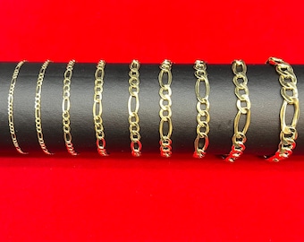 Pulsera Figaro de oro amarillo de 10 quilates, 2 mm–9 mm, pulsera de oro auténtico de 10 quilates, joyería de oro unisex para hombre y mujer, pulsera Figaro.