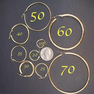 Real 10k Yellow Gold Hoop Earrings 2mm, 3mm, 4mm Thickness, 15mm-70mm Gold Hoop Earrings image 3