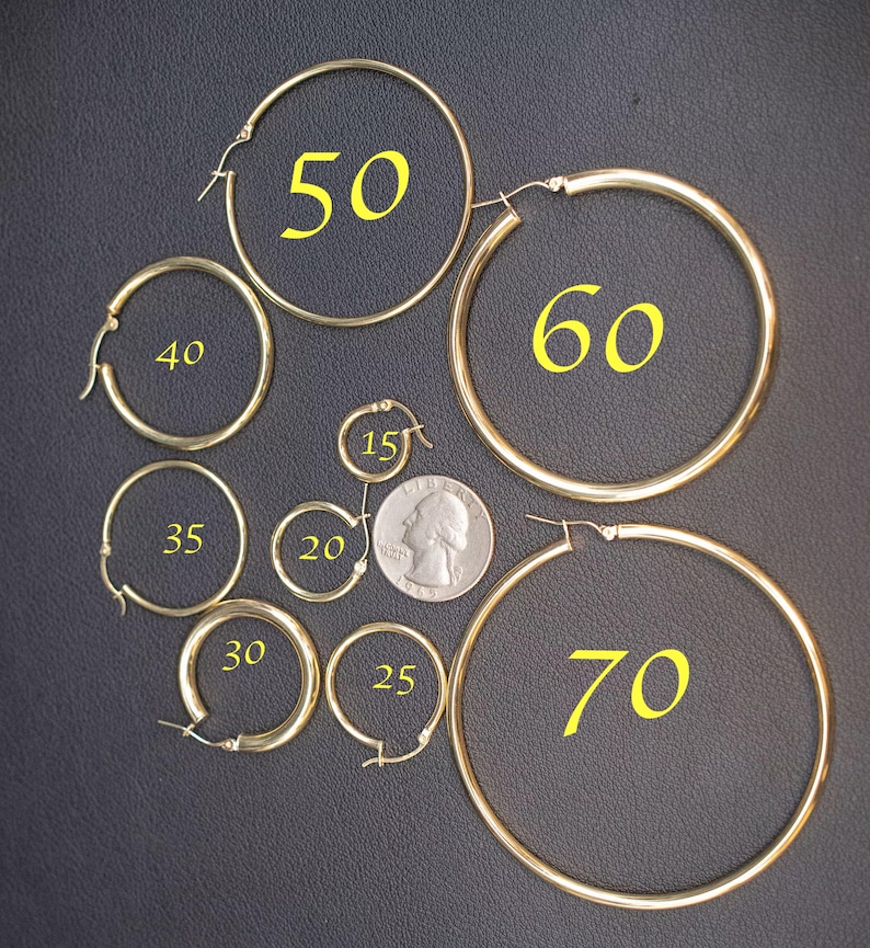 Real 10k Yellow Gold Hoop Earrings 2mm, 3mm, 4mm Thickness, 15mm-70mm Gold Hoop Earrings image 3