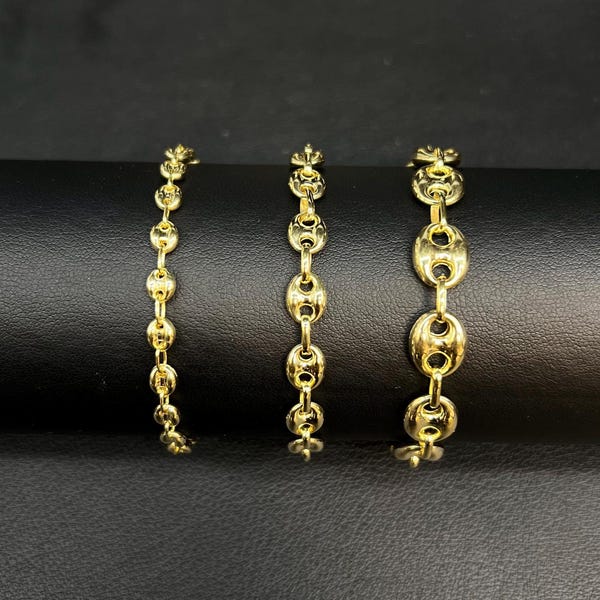 14K リアルゴールド パフド マリナー ブレスレット、14K ゴールド 4.5 mm - 9 mm パフド マリナー ブレスレット、14K レディース ブレスレット、14K イエローゴールド パフド マリナー
