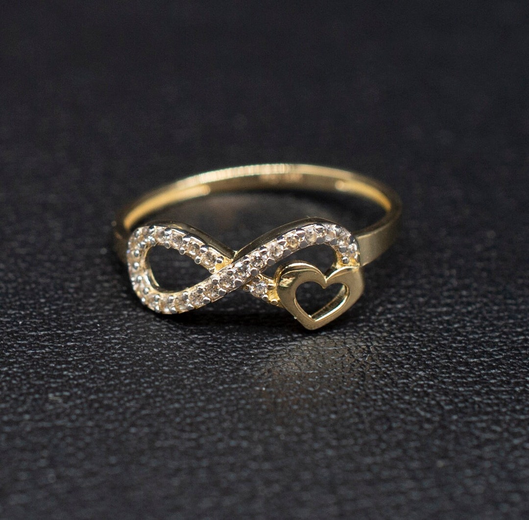 14k Real Solid Yellow Gold Infinity Heart Ring, 14k Solid Gold Women ...