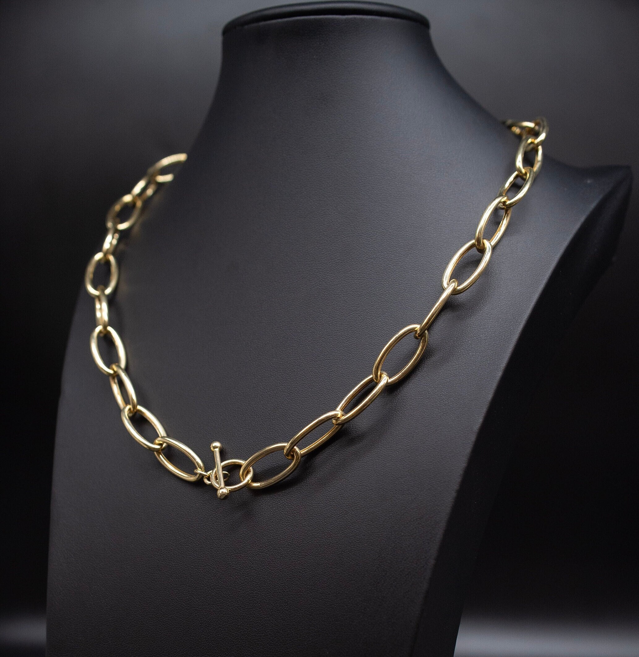 14K Gold Round Enhancer Thick Flat Oval Rolo Link Lariat Chain
