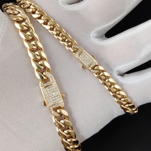 14k Yellow Gold Miami Cuban Chain Bracelet Zirconia Box Lock - Etsy