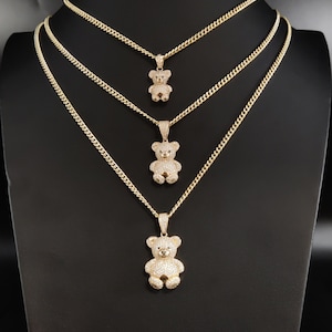 Collar con colgantes de oro auténtico de 14 k, osito de peluche de oro auténtico de 14 k, collar con cadena cubana Miami de oro auténtico de 14 k, osito de peluche de oro auténtico de 14 k, dije para mujer y hombre.