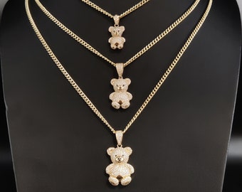 14k Real Gold Pendants Necklace,14K Real Gold Teddy Bear, 14k Real Gold Miami Cuban Chain Necklace,14k Gold Teddy Bear, Women and Men Charm