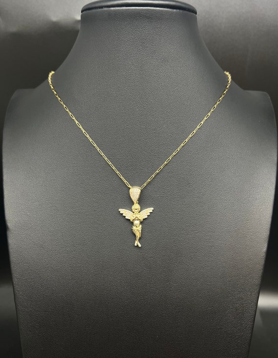 14K Solid Gold Angel Necklace, Angel Pendant with Paperclip Chain, Real Gold Angel Charm Necklace, Religious Jewelry for Women