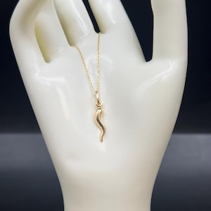 May include: A gold chain necklace with a small gold charm in the shape of a horn. The charm is hanging from the chain and is visible against a white background.