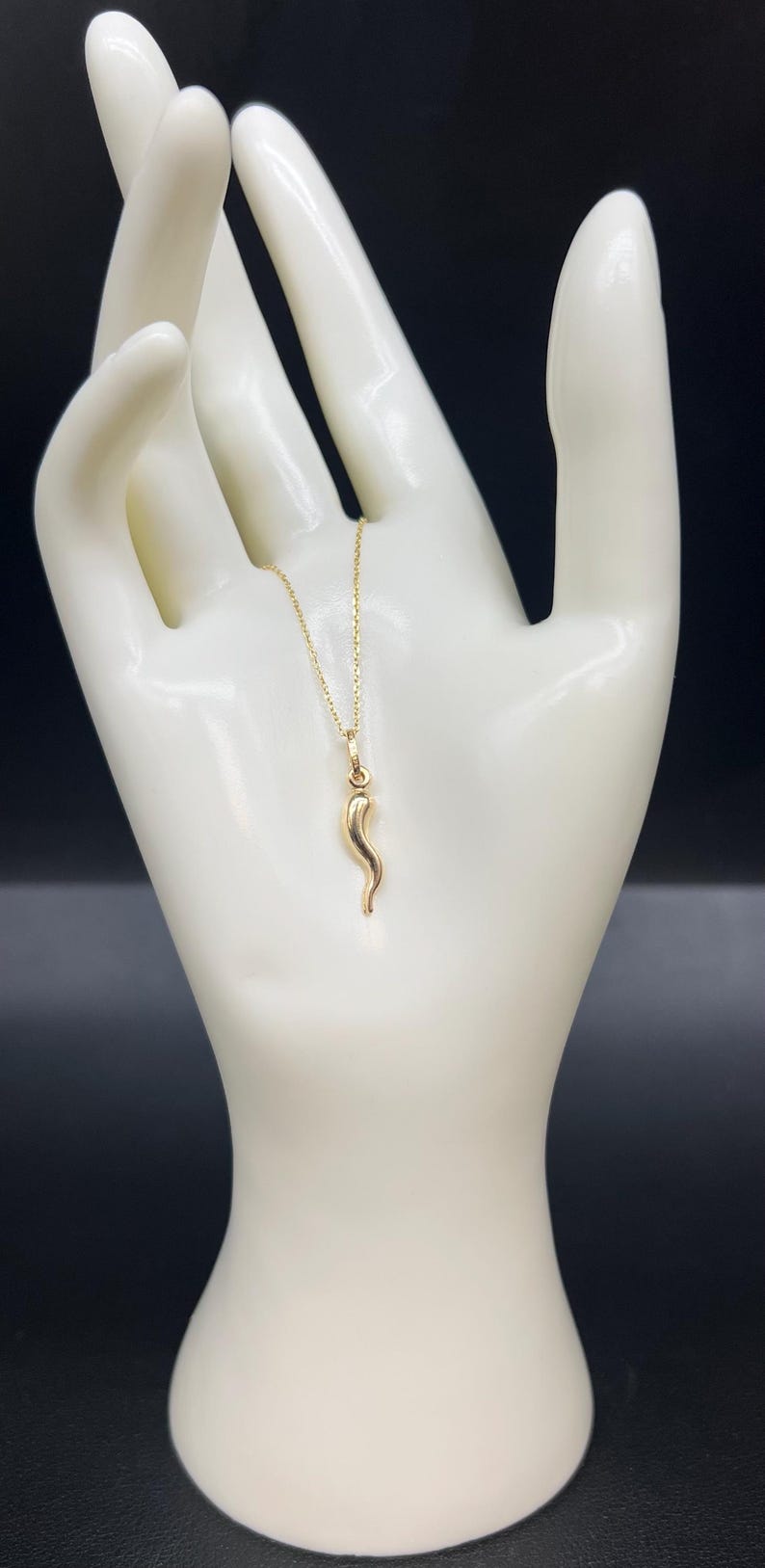 May include: A gold chain necklace with a small gold charm in the shape of a horn. The charm is hanging from the chain and is visible against a white background.