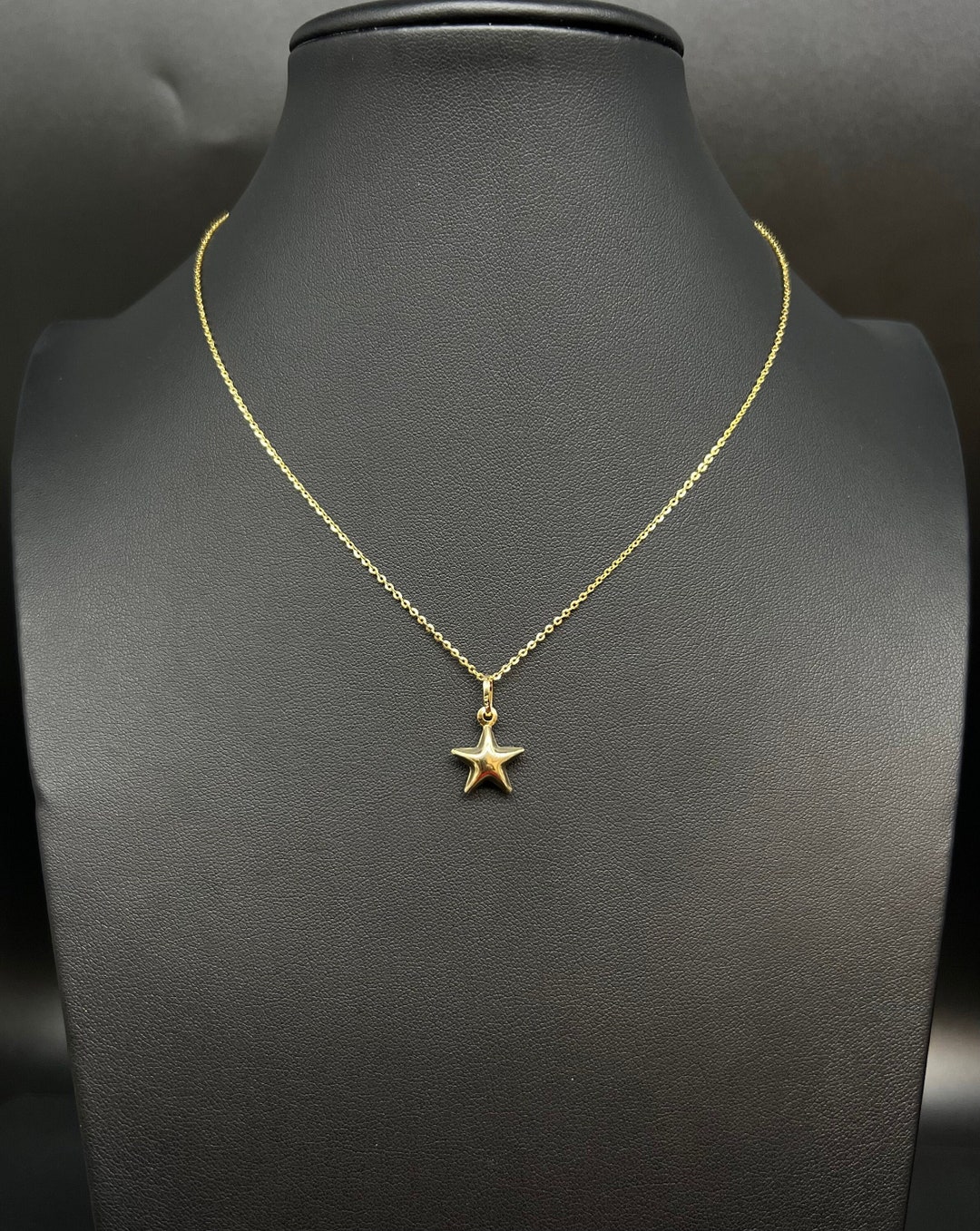 14K Real SOLID Gold Puffed STAR Charm, 14k Real Gold 1.3mm Cable Chain