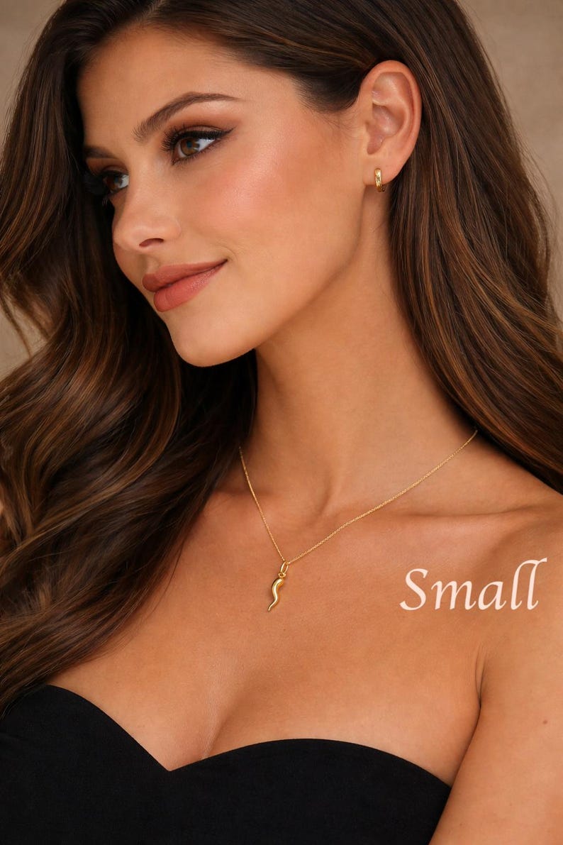 14k Real Gold Italian Horn Pendant Necklace, with 14k Solid Gold 1mm Cable Chain, Horn Pendant, Real Gold Italian Horn Pendant image 2