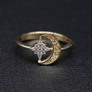 14k Real Solid Yellow Gold Moon and Star Ring, 14k Solid Gold Women Dainty Ring, Crescent Gemstone Gold Ring for Women, Gift,Moon Gold Ring