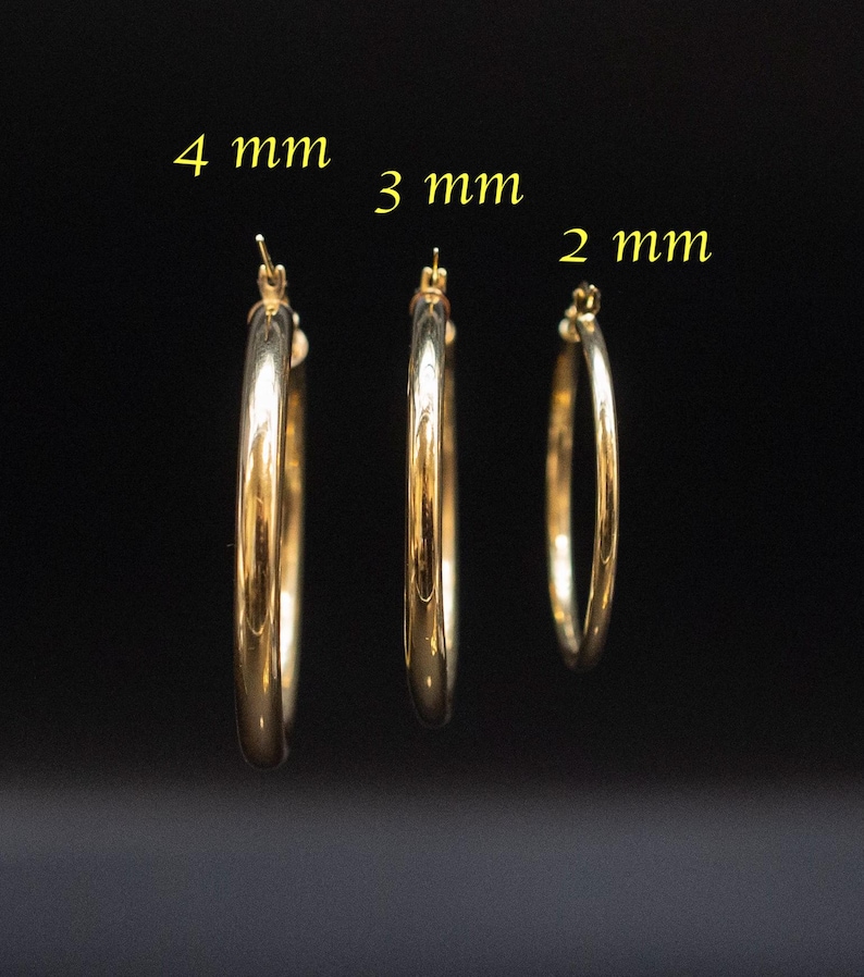 Real 10k Yellow Gold Hoop Earrings 2mm, 3mm, 4mm Thickness, 15mm-70mm Gold Hoop Earrings image 2
