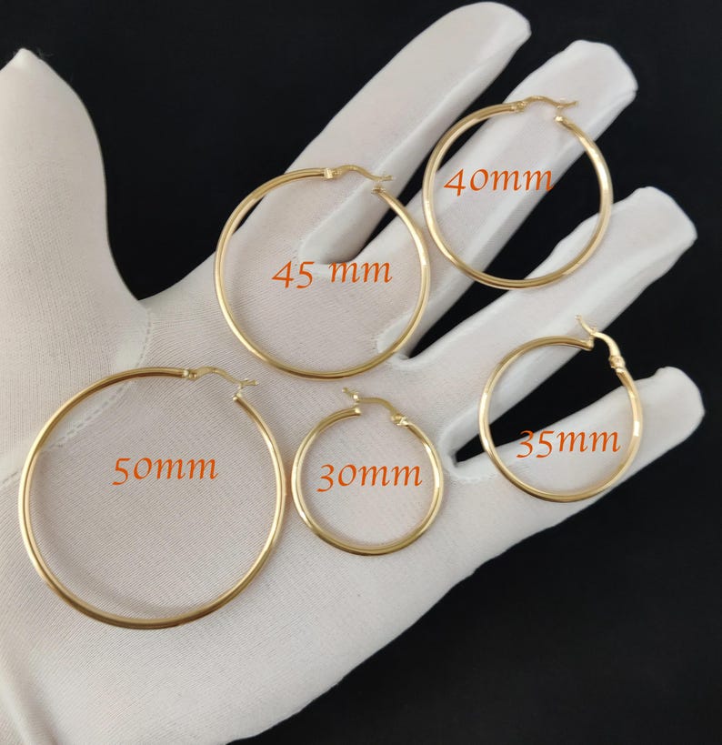 Real 10k Yellow Gold Hoop Earrings 2mm, 3mm, 4mm Thickness, 15mm-70mm Gold Hoop Earrings image 4
