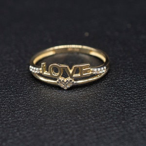 14k Real Solid Yellow Gold Love with Heart Ring, 14k Solid Gold Women Heart Ring,Love Gemstone Gold Ring for Women, Gift