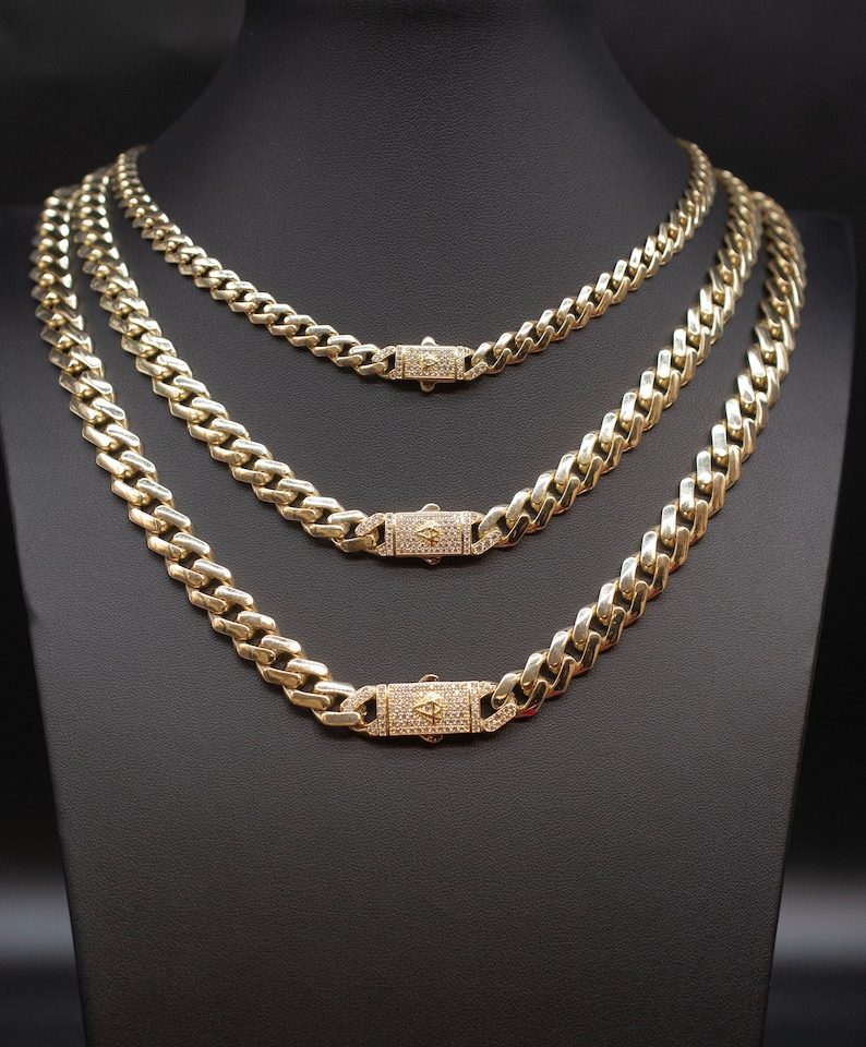 14k Real Gold Miami Cuban Link Chain with Zirconia Box Lock Necklace and Bracelet , 5.2mm - 11mm Real 14K Yellow Gold, 14k Gold Chain