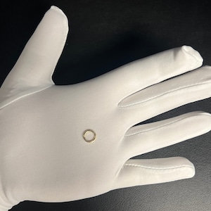 May include: A small, gold-colored hoop earring on a white surface.