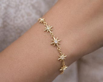 10k Solid Real Gold Star Bracelet, Real Diamond Star Bracelet, Dainty Bracelet, 10k Solid Gold Natural Diamond Star Bracelet