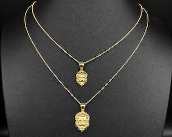 Colgante de cabeza de león de oro macizo de 10 quilates, collar de león con cadena de cable macizo, colgante de león de oro para hombres y mujeres, regalo, oro mate.