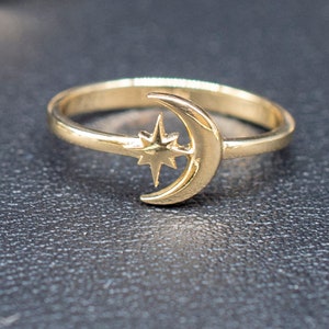 14k Real Solid Yellow Gold Moon and Star Ring, 14k Solid Gold Women Dainty Ring, Crescent Gemstone Gold Ring for Women, Gift,Moon Gold Ring