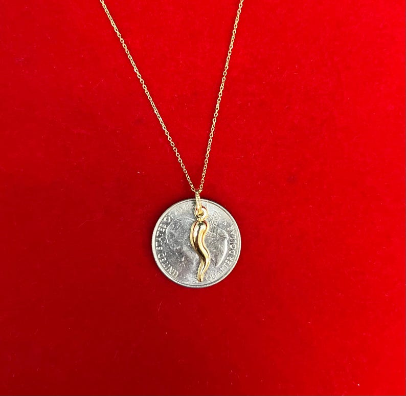 May include: A gold chain necklace with a small gold pepper charm pendant. The pendant is about the size of a UK 20 pence coin.