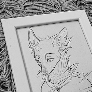 May include: A framed black and white pencil drawing of a wolf-like creature with a detailed design on its fur. The drawing is signed "Kimber" in the bottom right corner.