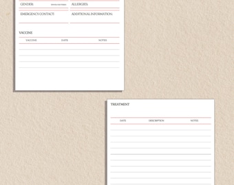 May include: Two white pet care log sheets. The top sheet has the text "PET CARE LOG" and fields for name, birthday, species, gender, emergency contact, microchip, breed, allergies, and additional information. The bottom sheet is for treatment notes.